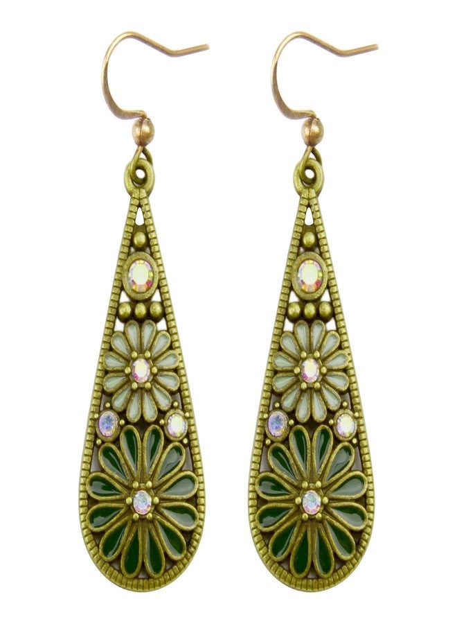 CZMZHFC Bohemian Crystal Teardrop Pendant Earring,Vintage Olive Green Hollow Out Flower Floral Dangle Earrings,National Style Geometry Enamel Flower Hook Earrings,Handmade Ethnic Statement Jewelry for Women - Image 1